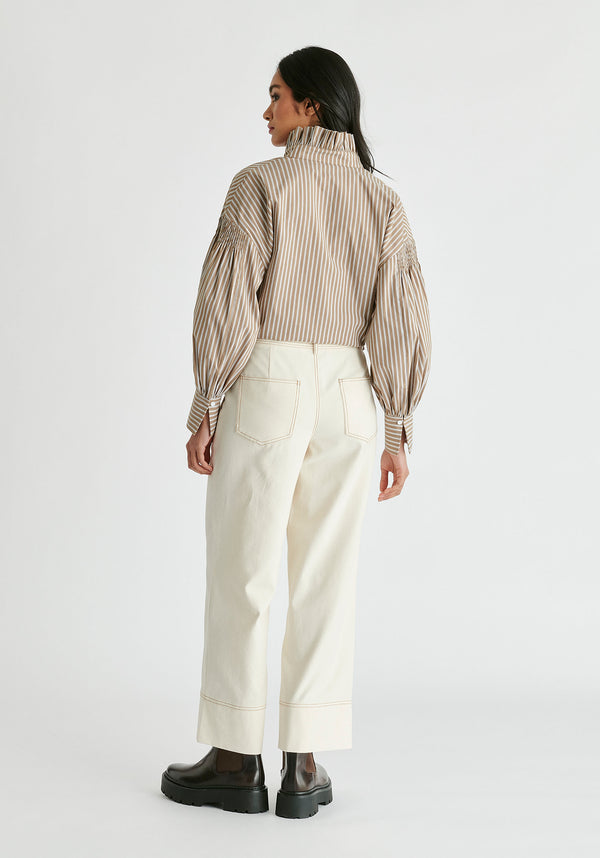 Chino Trousers with Contrast Stitching in Cream Back